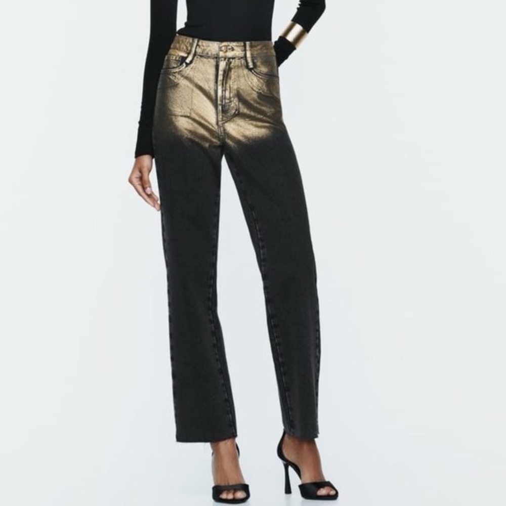 Zara Z1975 Women's Black and Gold High Waist Straight Leg Jeans - 4